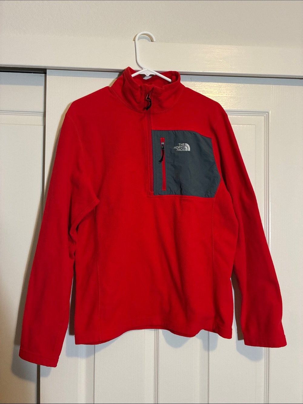 The North Face Men's Red Fleece Pullover with Gray Chest Pocket